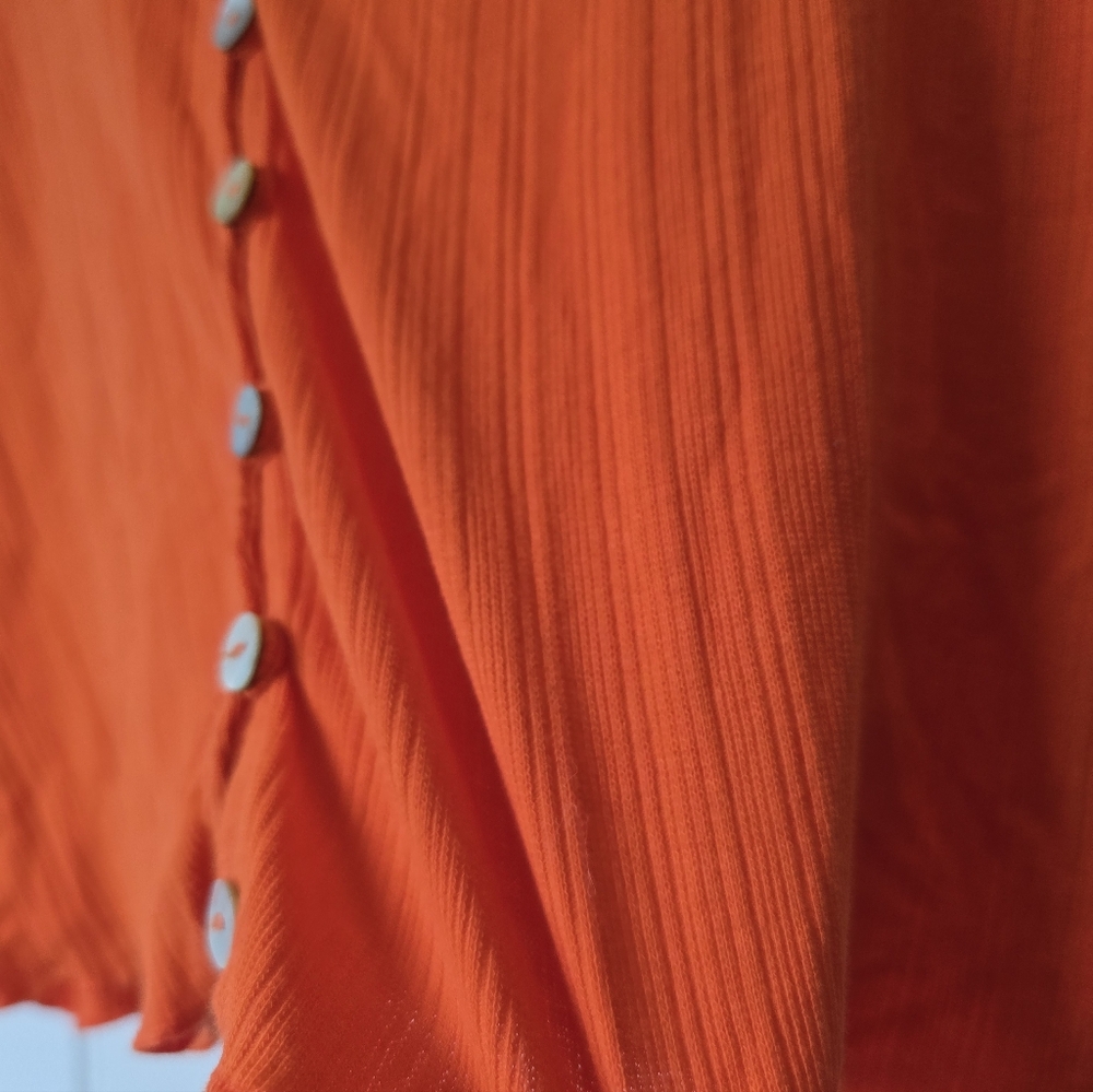 🍊✨ Anthropologie WRAY Orange Ribbed Lettuce Edge Button Down Cardigan XL - Picture 4 of 11